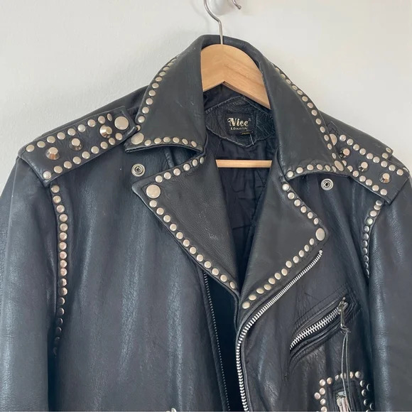 Vintage Nice London Studded black leather motorcycle jacket moto coat M - Picture 2 of 16